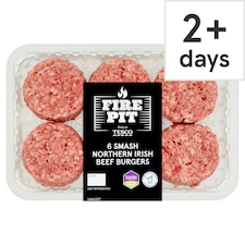 Tesco Fire Pit 6 Smash Northern Irish Beef Burgers  600g
