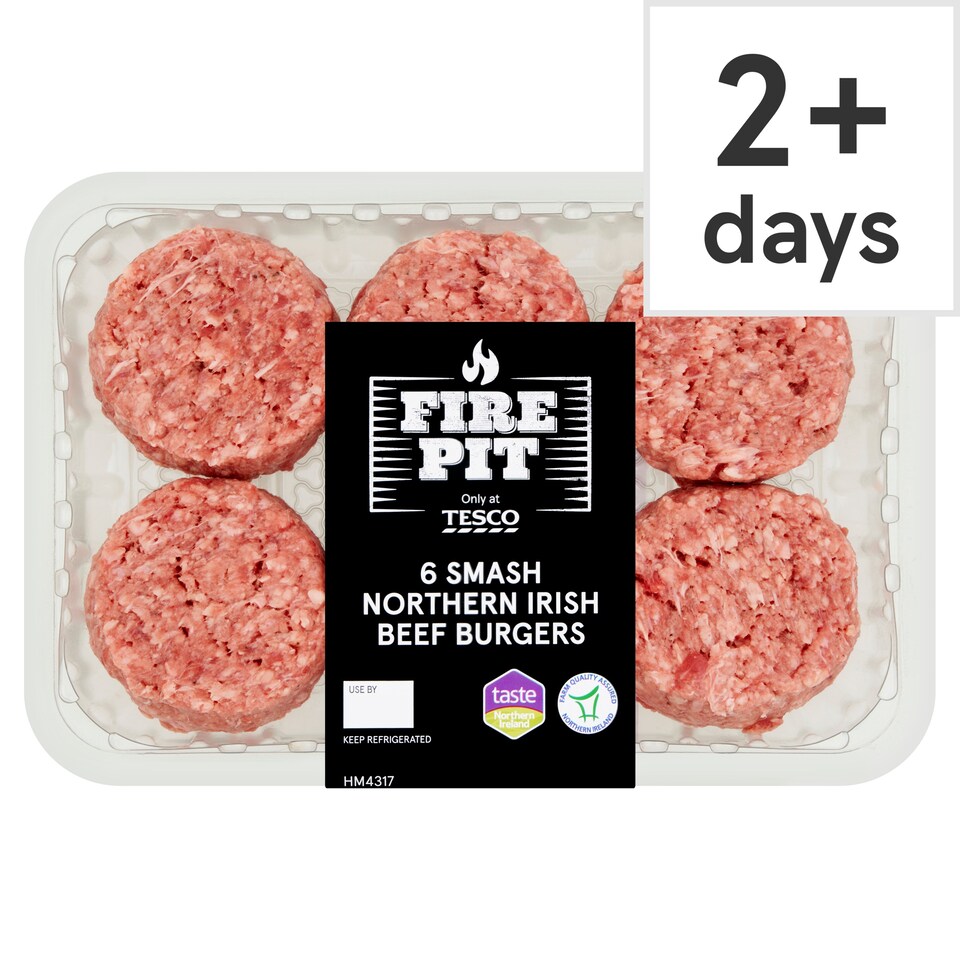 Tesco Fire Pit 6 Smash Northern Irish Beef Burgers 600g