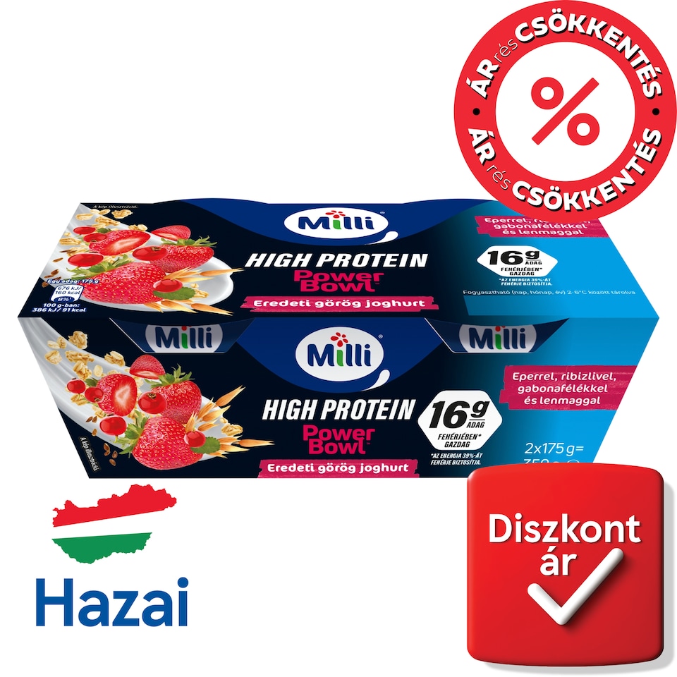 Milli Power Bowl zsírszegény eredeti görög krémjoghurt eperrel, ribizlivel 2 x 175 g (350 g)