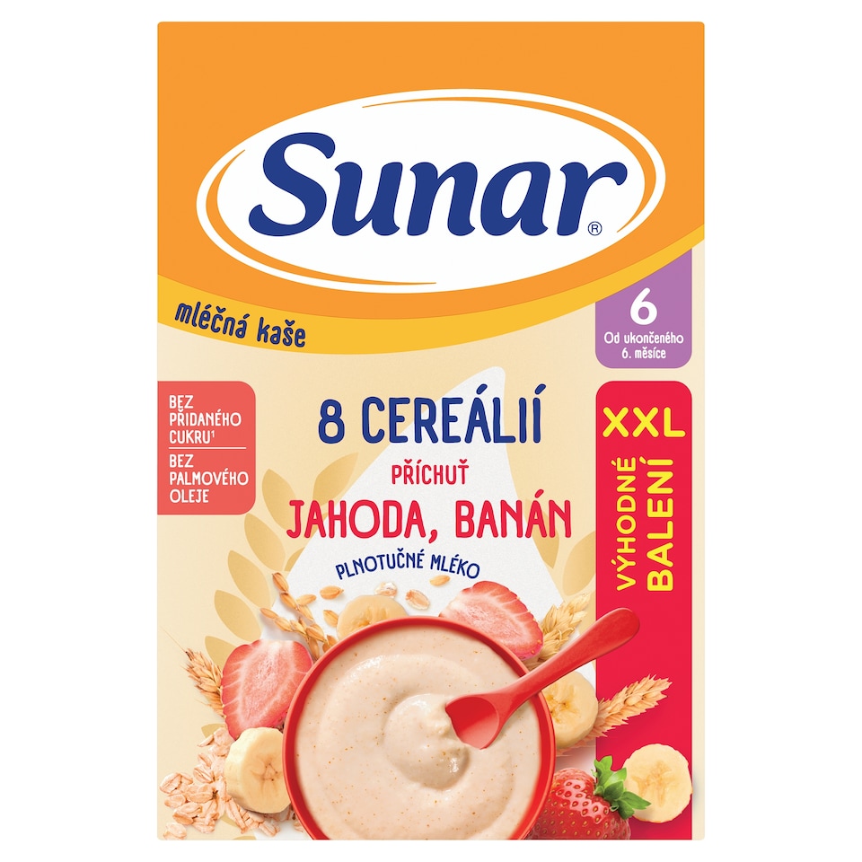 Obrázek 1 pro produkt Sunar mléčná kaše s 8 cereáliemi jahoda, banán XXL 340g