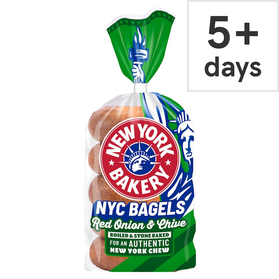 image 1 of New York Bakery Co Red Onion & Chive Bagels 5 Pack