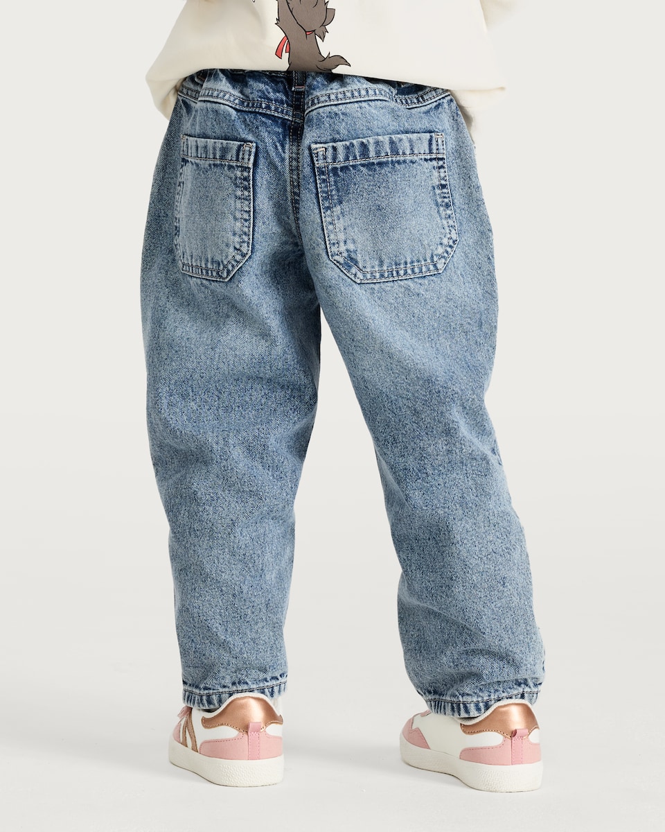 image 1 of F&F Girls Pure Cotton Barrel Leg Embroidered Jeans in Blue