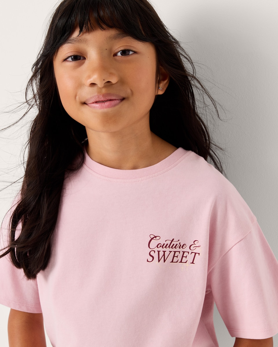 image 1 of F&F Girls Pure Cotton Slogan T-Shirt in Pink