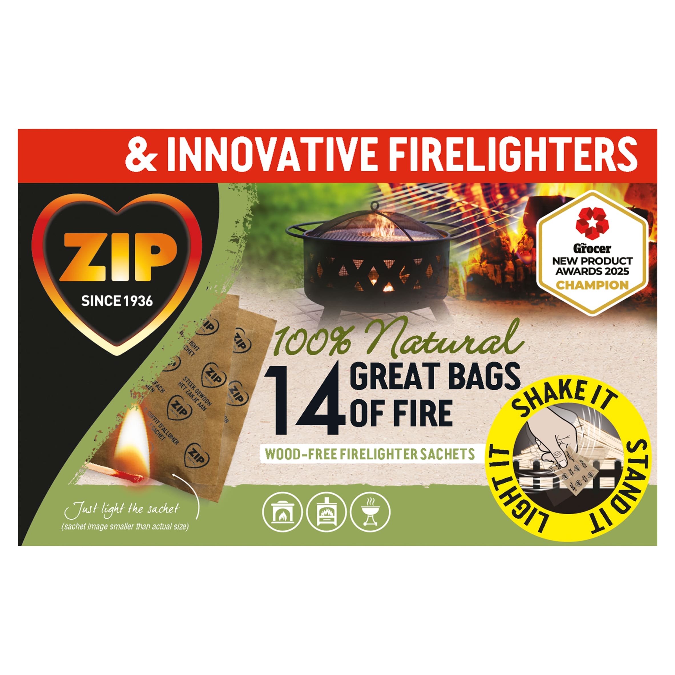 Zip Great Bags of Fire Wood-Free Firelighter Sachet 14's - Tesco