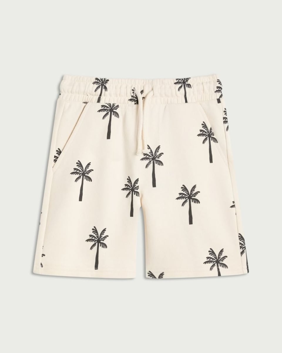image 1 of F&F Boys Cotton Rich Palm Tree Print Shorts in Stone