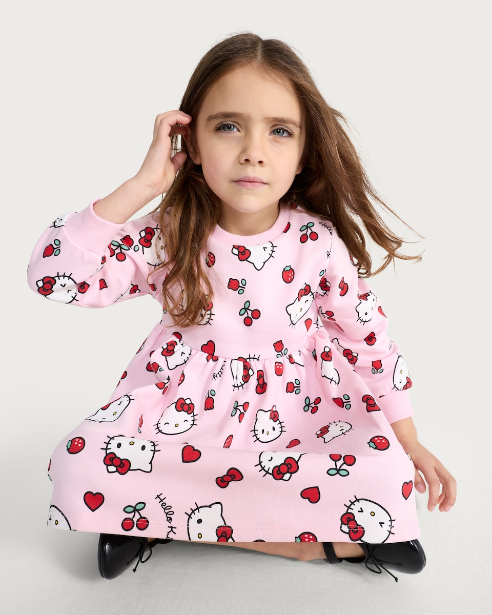 image 1 of Hello Kitty Print Cotton Rich Long Sleeved Sweatdress in Hot Pink