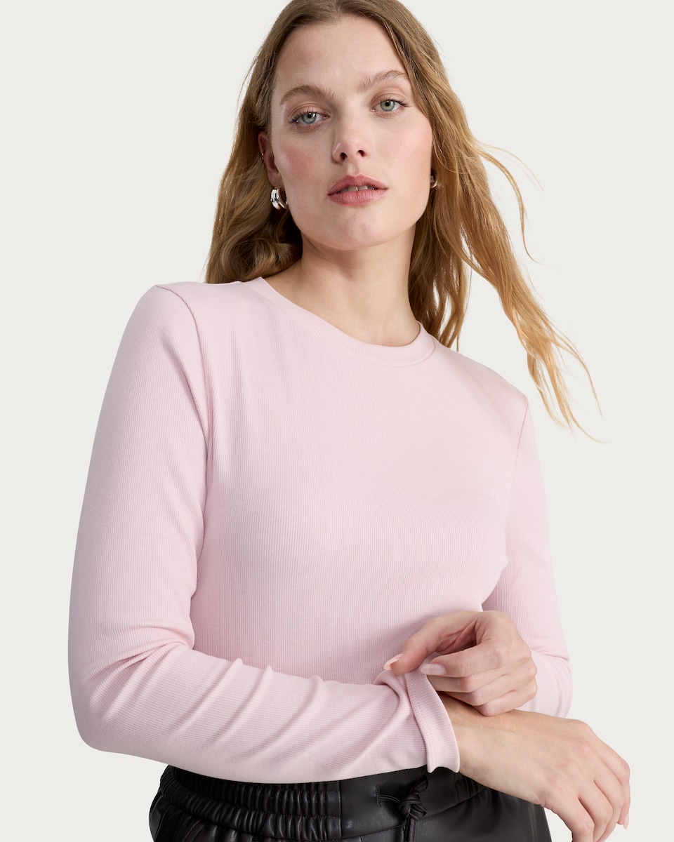 image 1 of F&F Cotton Rich Crew Neck Long Sleeved Top in Pink