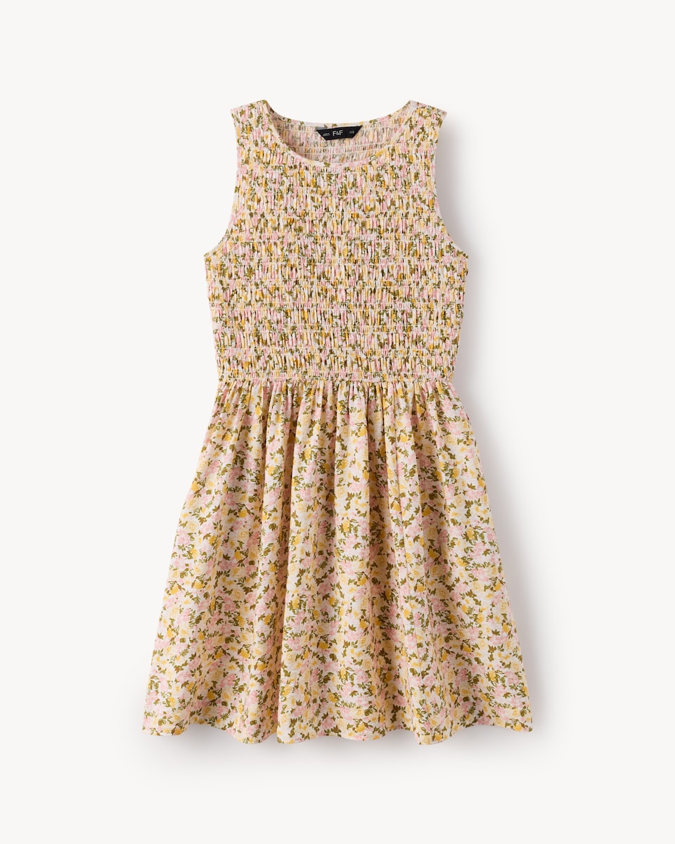 image 1 of F&F Shirred Sleeveless Mini Dress in Multi
