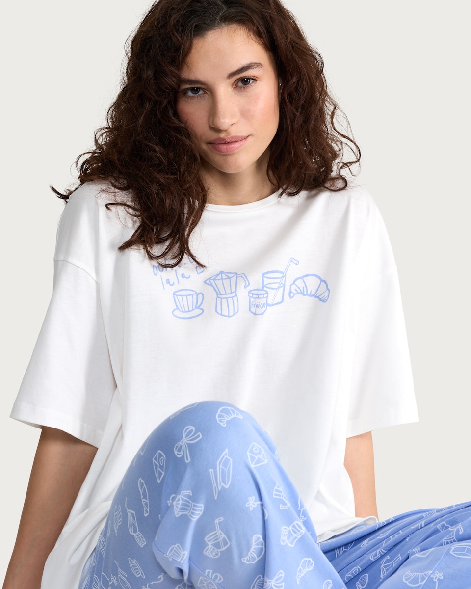 image 1 of F&F Pure Cotton Breakfast Print Pyjama T-Shirt in White