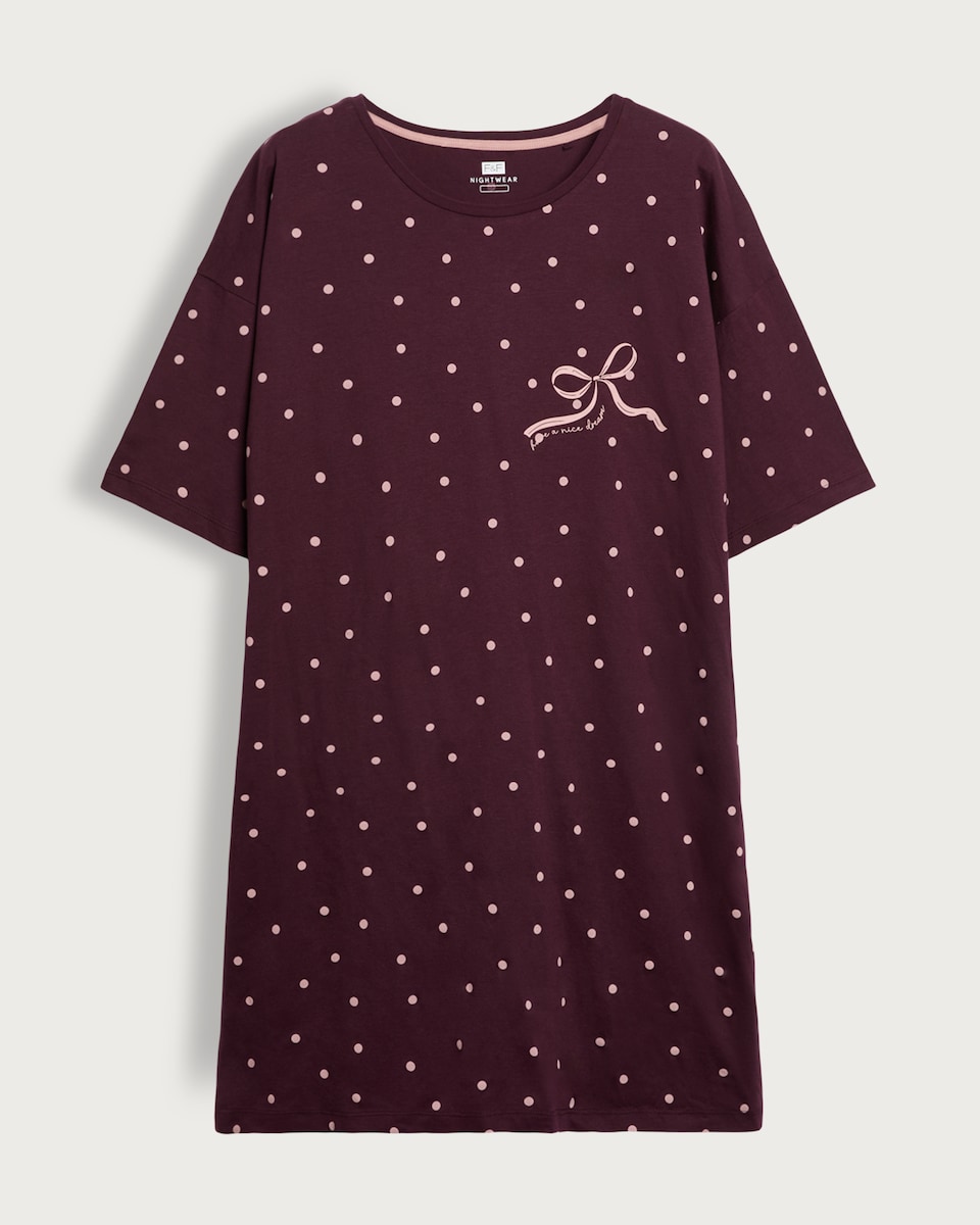 image 1 of F&F Pure Cotton Polka Dot Nightdress in Burgundy