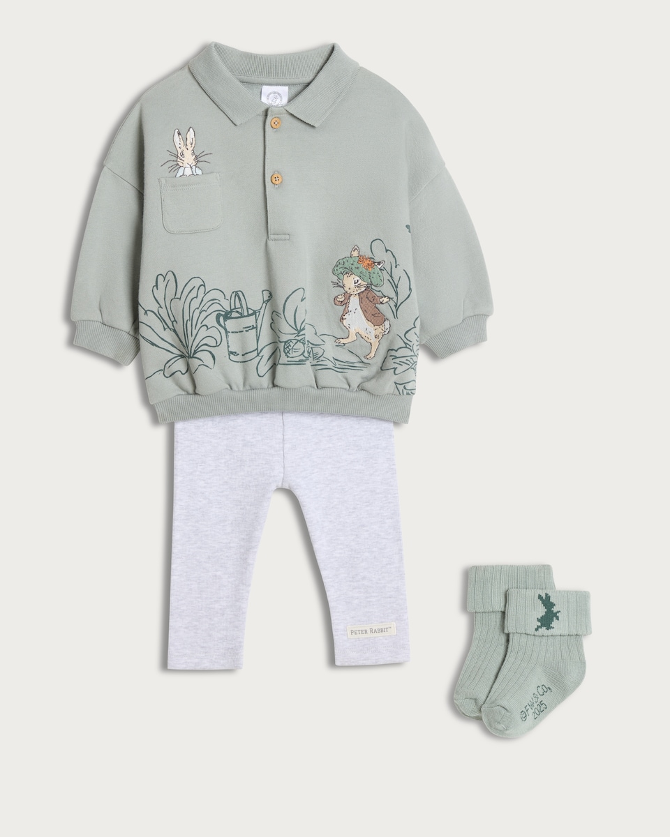 image 1 of Peter Rabbit 3-Piece Cotton Rich Sweatshirt, Legging and Socks Set in Green