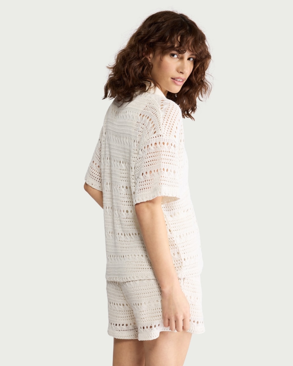 image 1 of F&F Crochet Look Short Sleeved Co-ord Shirt in Cream