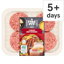 FIRE PIT Tesco 4 Smash Beef Burgers 400G