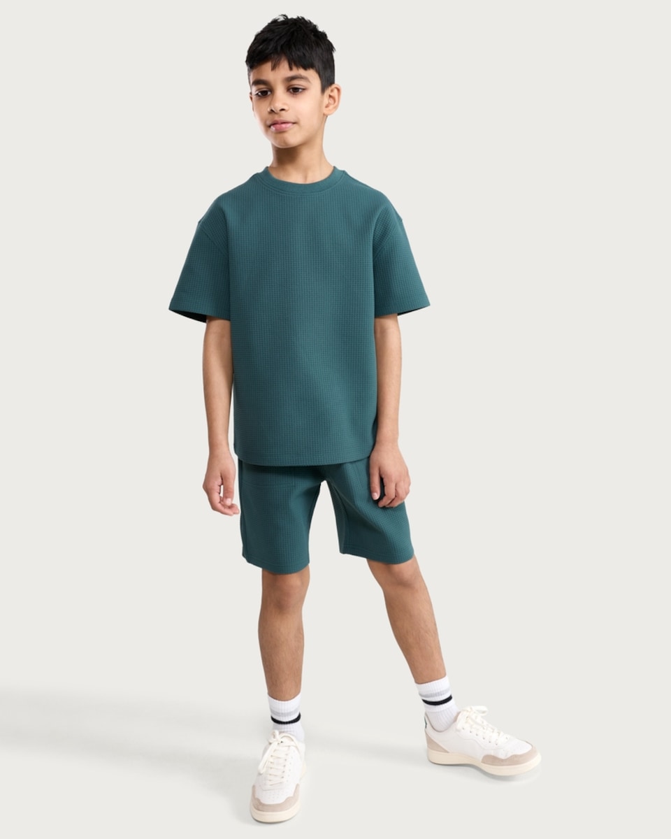 image 1 of F&F Boys 2-Piece Waffle Textured T-Shirt and Shorts in Green