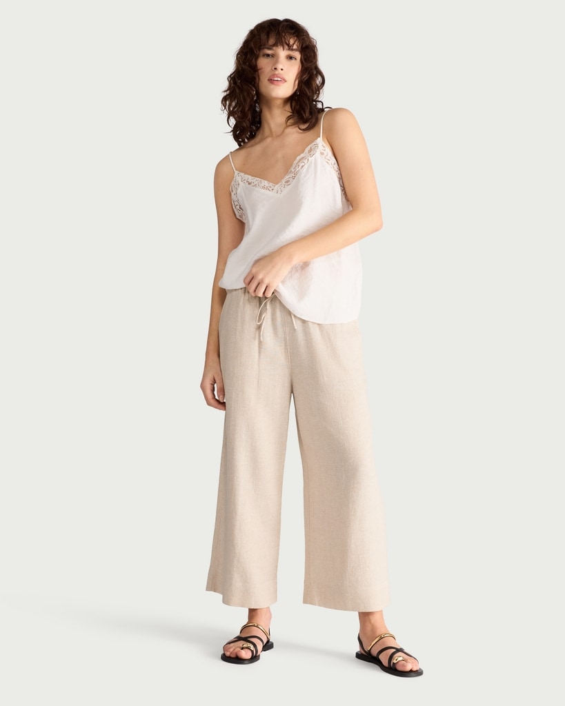F&F Linen Rich Wide Leg Cropped Drawstring Trousers in Beige