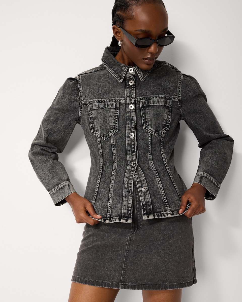 image 1 of F&F Pure Cotton Cinched Denim Jacket in Grey