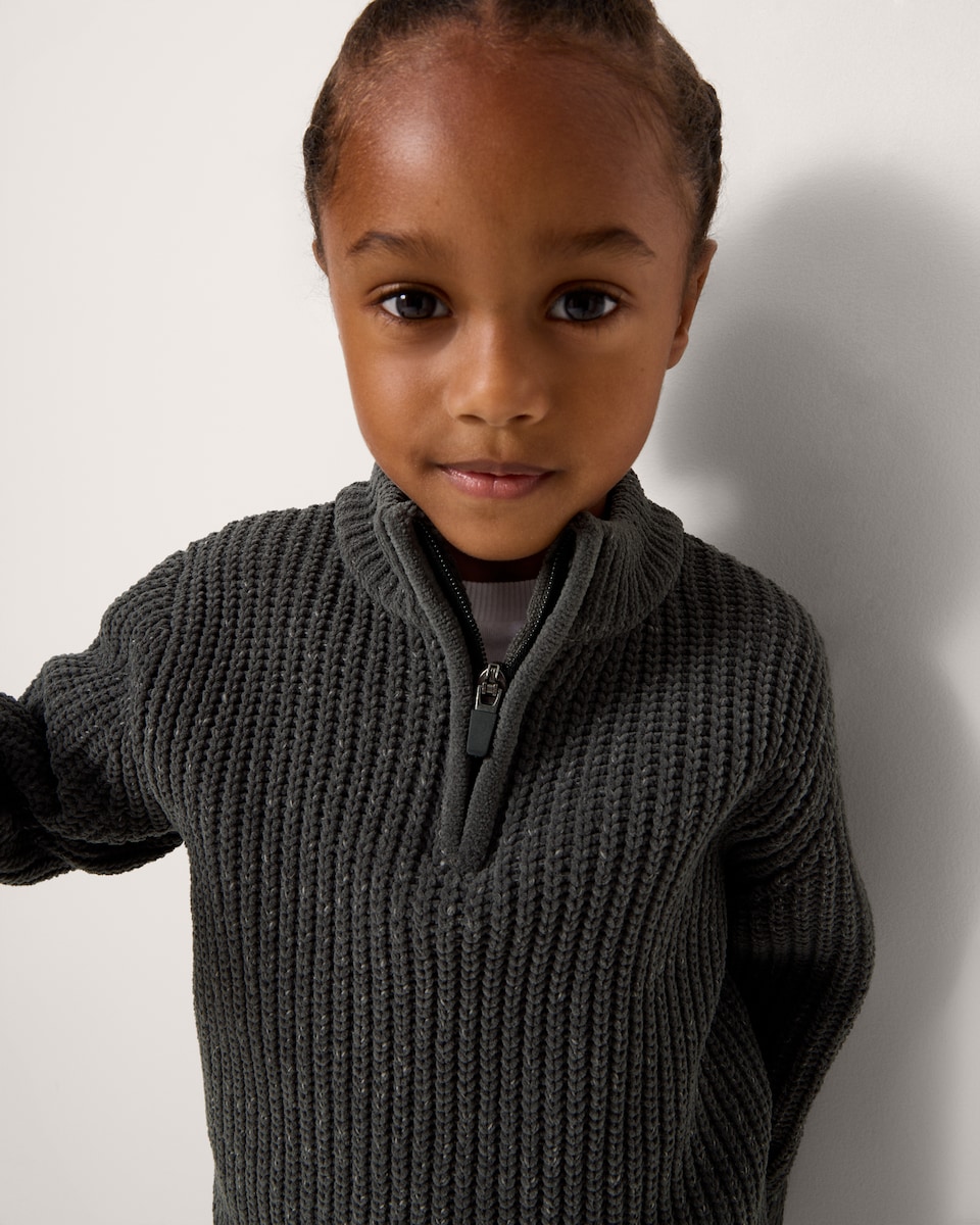 image 1 of F&F Boys Chenille Knitter Quarter Zip Jumper in Khaki
