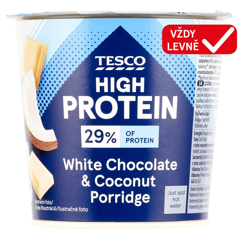Tesco High Protein instantní ovesná kaše s kousky bílé čokolády 65g