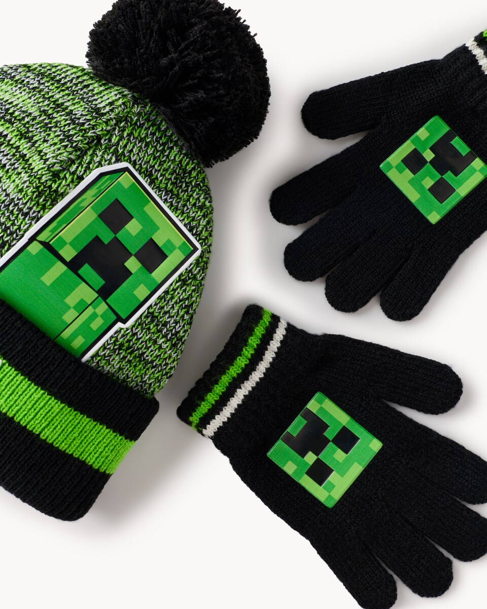 image 1 of Minecraft Knitted Hat and Gloves Set in Green