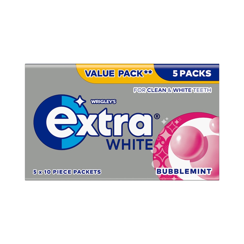 Wrigley's Extra White Bubblemint Sugarfree Chewing Gum 5 x 10 Pieces 70g