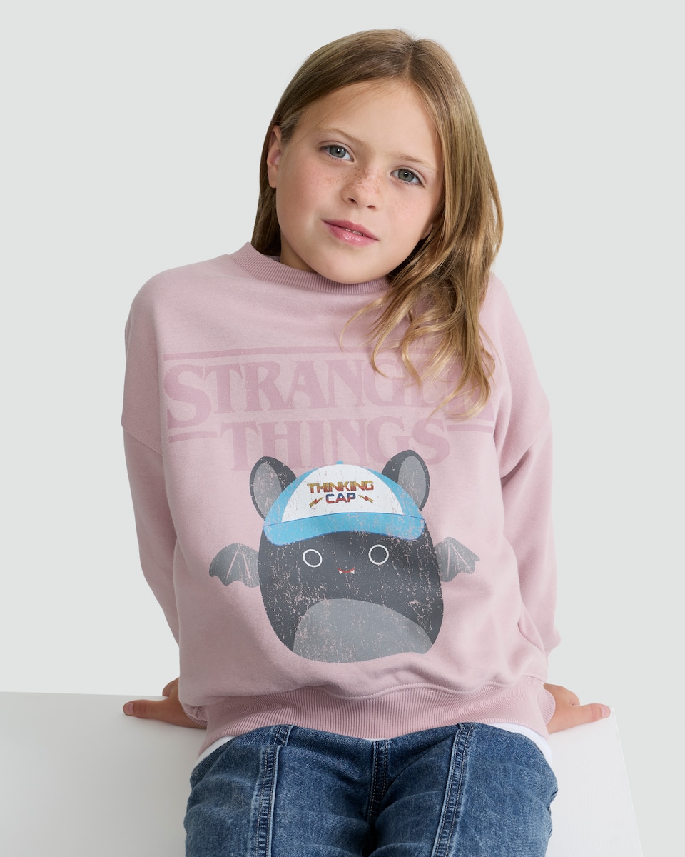 image 1 of Stranger Things Cotton Rich Slogan Sweatshirt in Pink