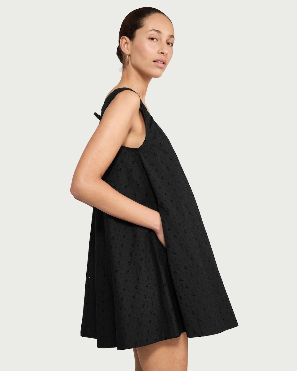 image 1 of F&F Pure Cotton Broderie Scoop Neck Sleeveless Dress in Black