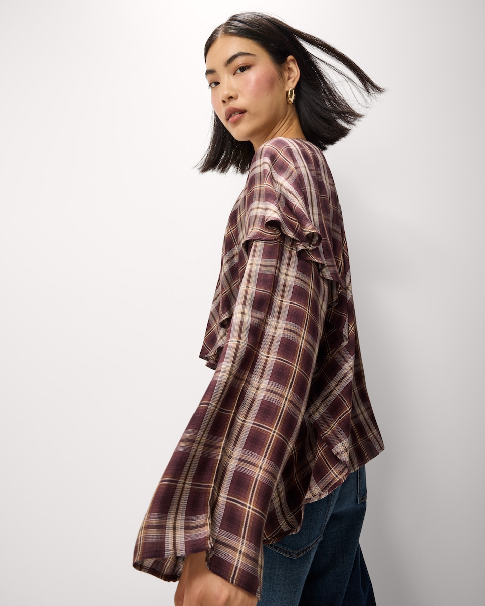image 1 of F&F Checked Cape Detail Blouse in Burgundy
