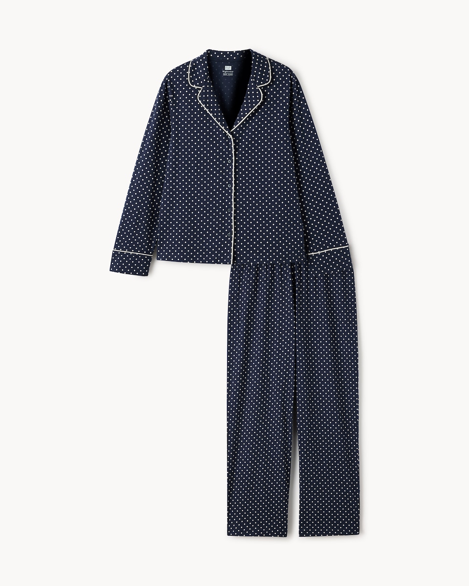 image 1 of F&F Pure Cotton Polka Dot Revere Pyjama Set in Navy
