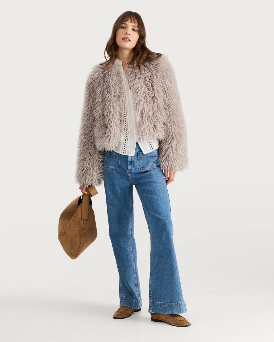 image 1 of The F&F Edit Faux Fur Cropped Jacket in Grey