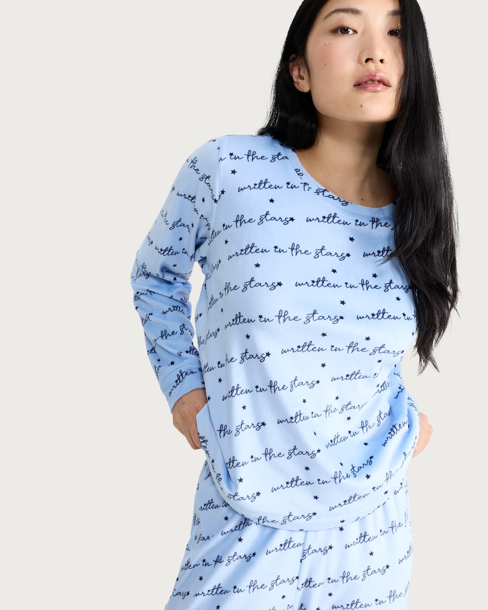 image 1 of F&F Fleece Textured Long Sleeved Top and Cuffed Bottoms Pyjama Set in Blue