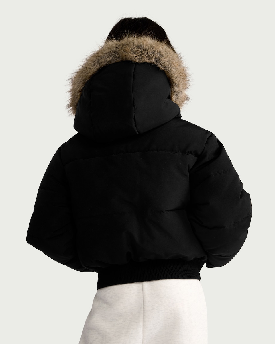 image 1 of F&F Girls Shower Resistant Faux Fur Trim Hooded Puffer Coat in Black
