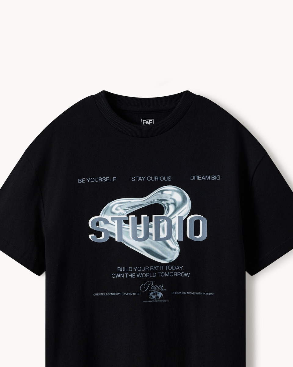 image 1 of F&F Boys Pure Cotton Slogan T-Shirt in Black