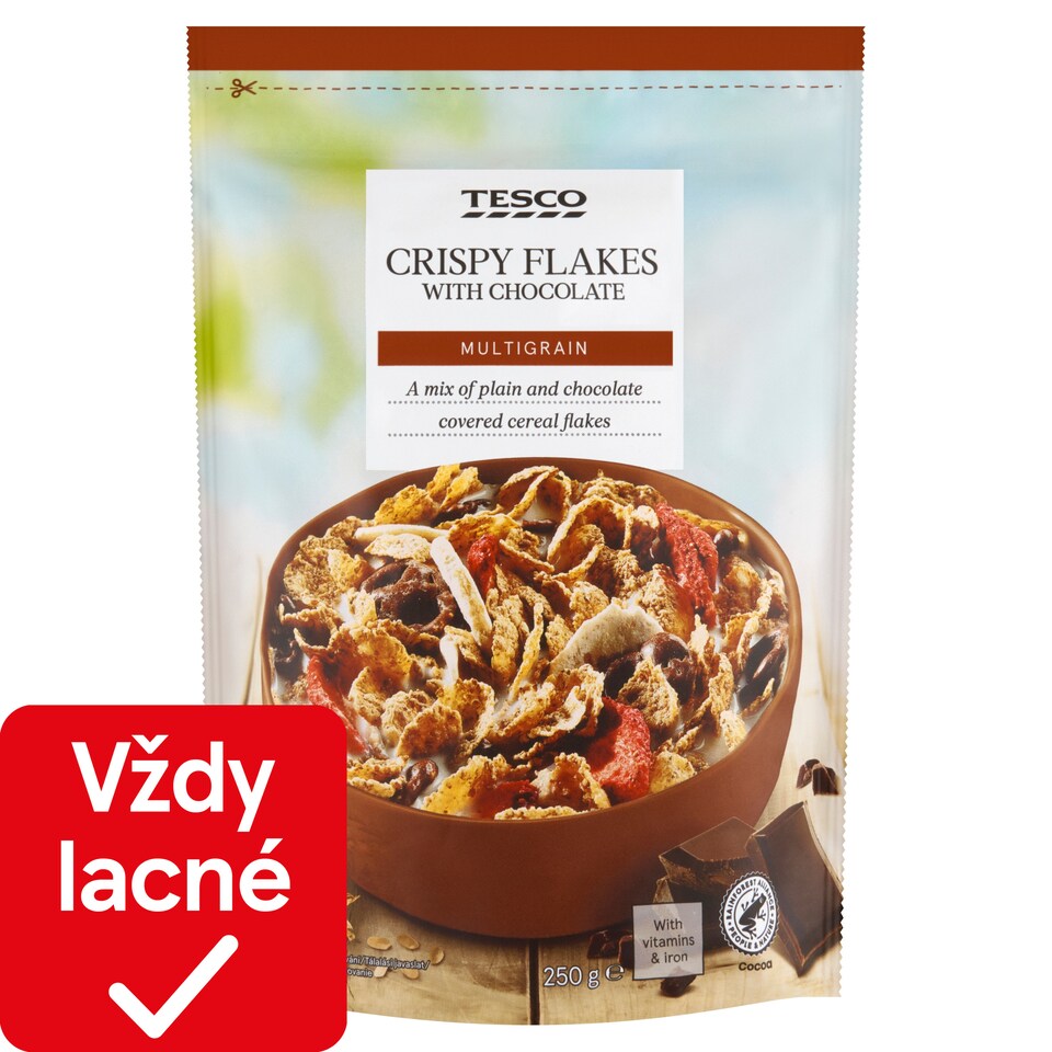Tesco Zapekané celozrnné lupienky z pšenice, ryže a ovsa v cukrovej poleve 250 g