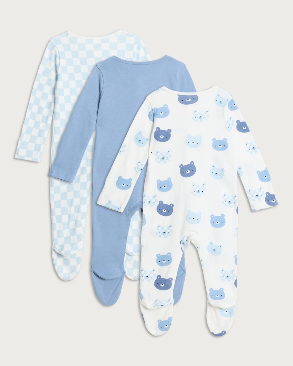 image 1 of F&F Baby 3-Pack Pure Cotton Bear Print Long Sleeved Sleepsuits in Blue