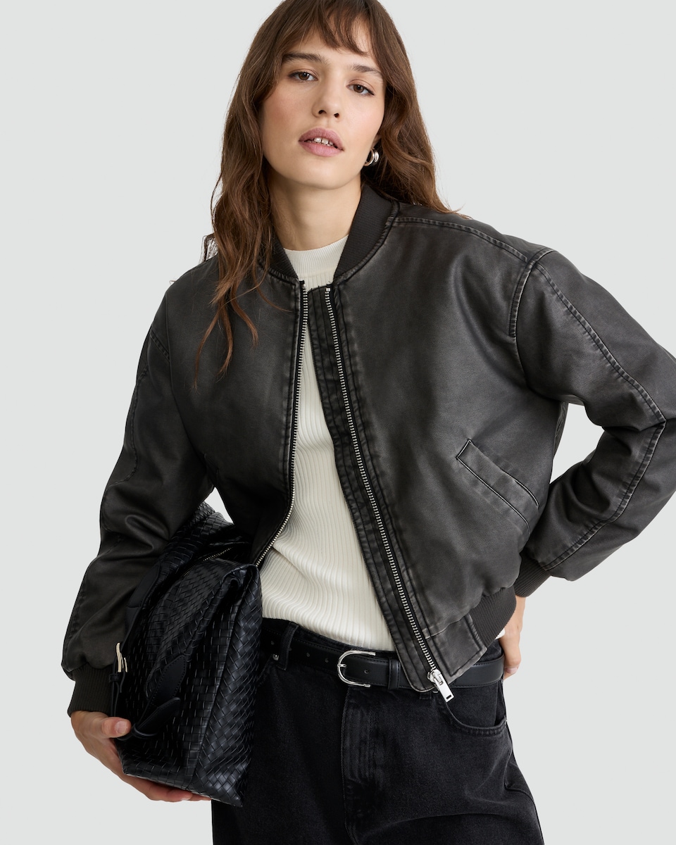 image 1 of F&F Faux Leather Bomber Jacket in Brown