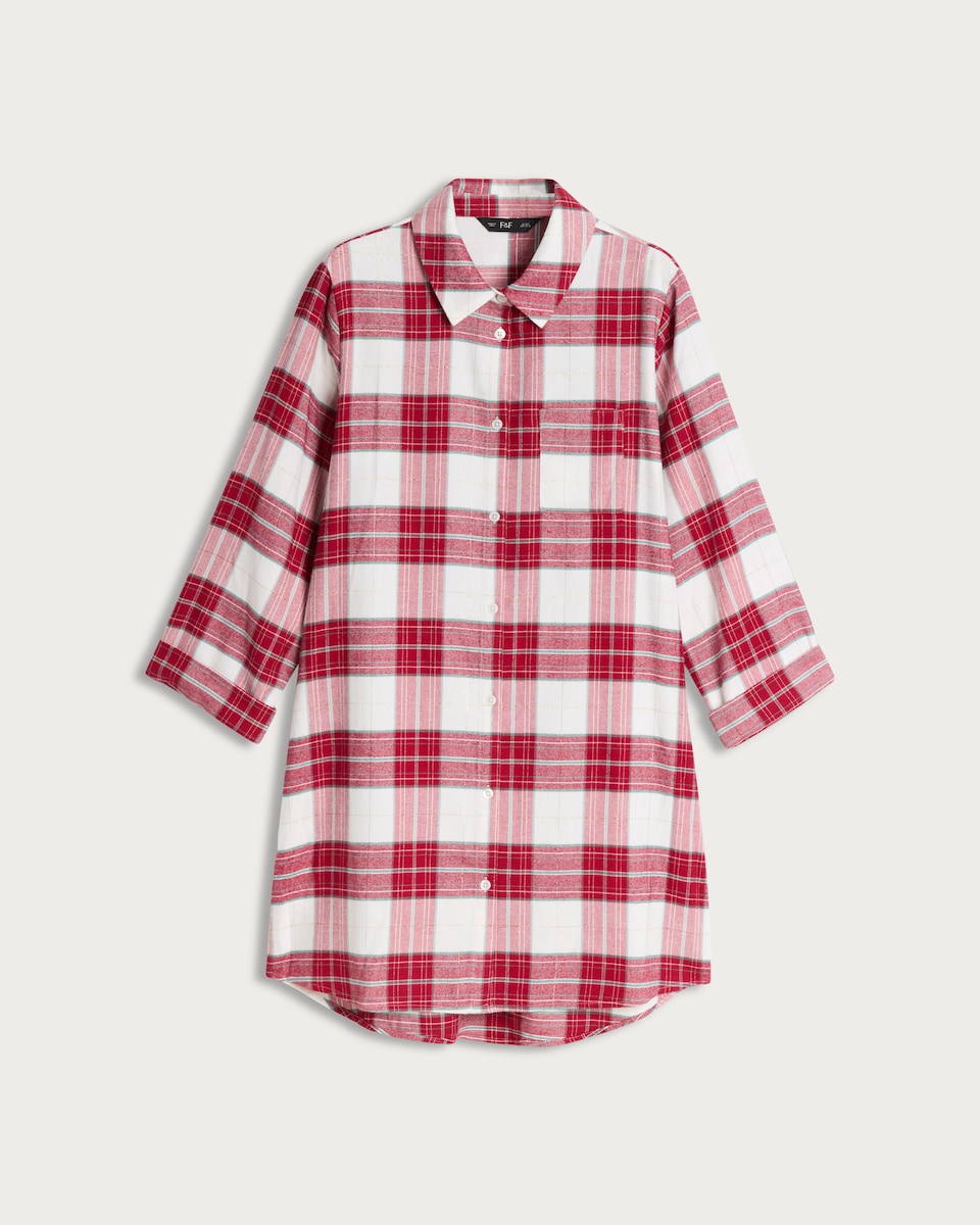image 1 of F&F Check Print Longline Pyjama Shirt in Multi Red