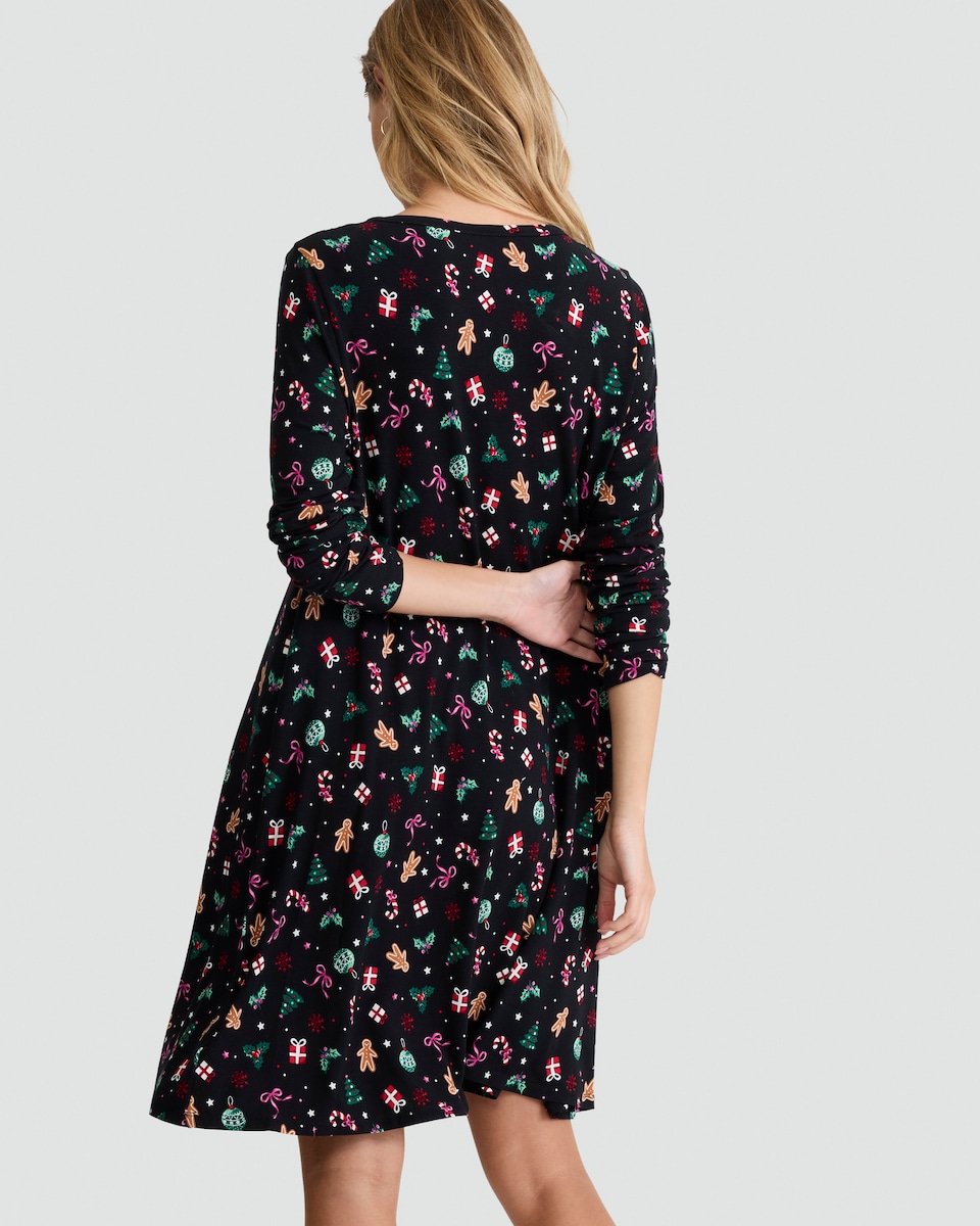 image 1 of F&F Christmas Print Long Sleeved Mini Dress in Multi Black