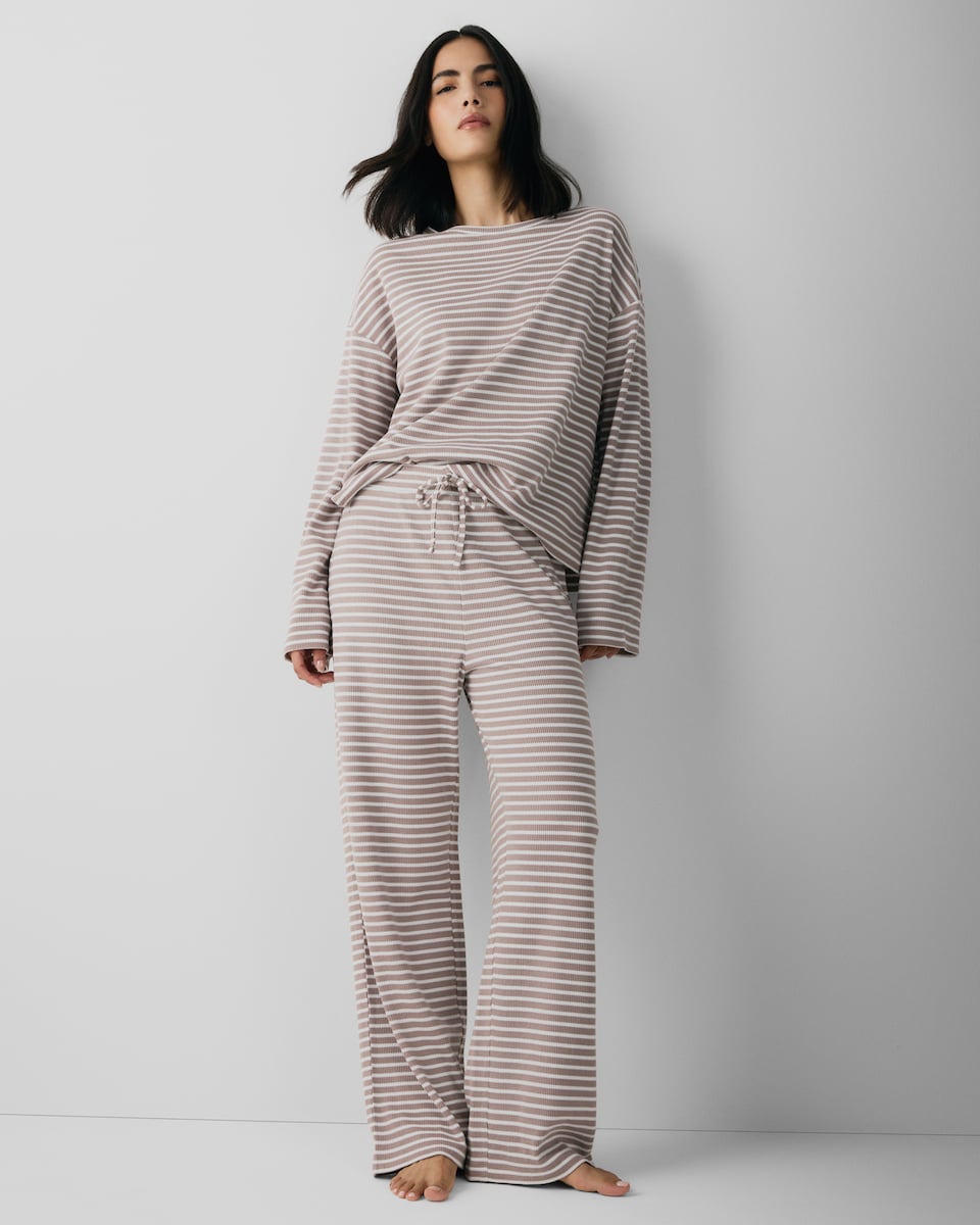 image 1 of F&F Waffle Textured Striped Pyjama Set in Neutral
