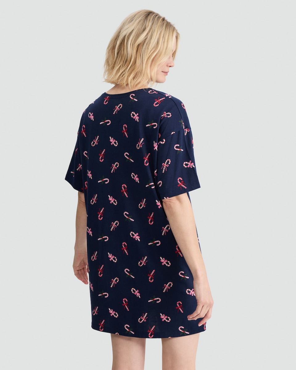 image 1 of F&F Pure Cotton Candy Cane Print Nightdress in Navy