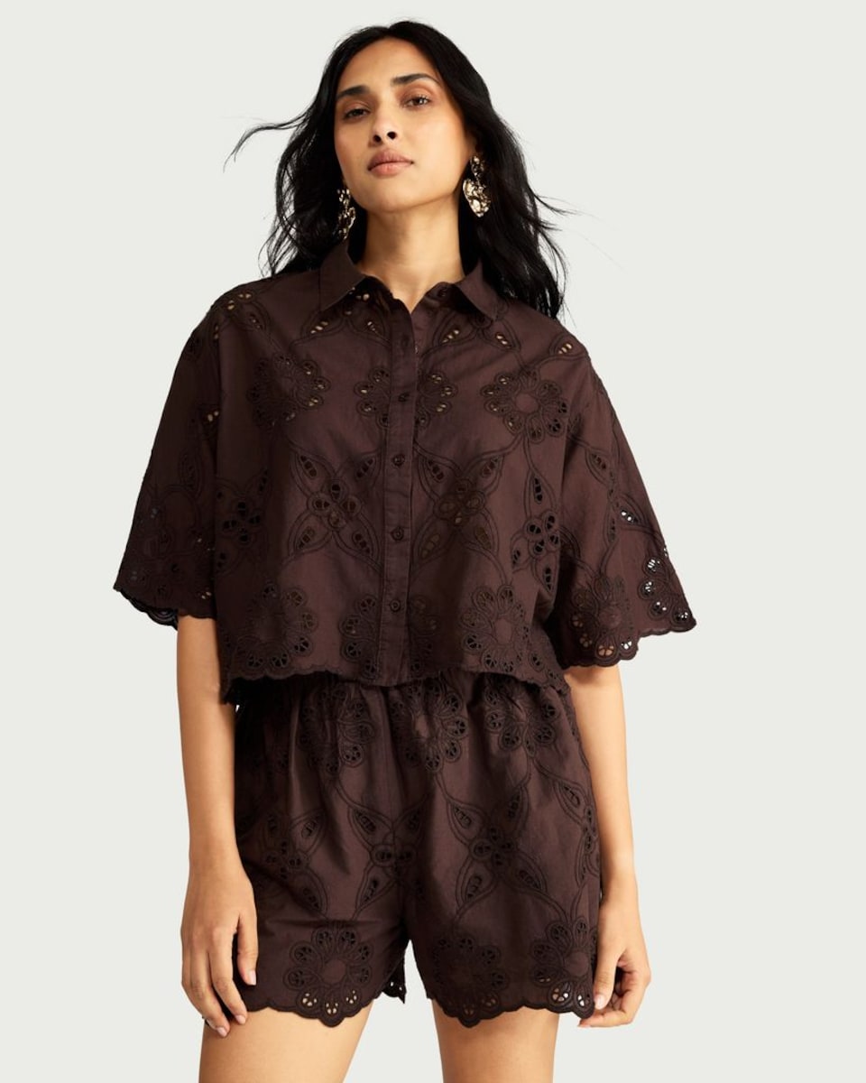 image 1 of The F&F Edit Pure Cotton Embroidered Co-ord Shorts in Chocolate