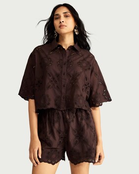 The F&F Edit Pure Cotton Embroidered Co-ord Shorts in Chocolate