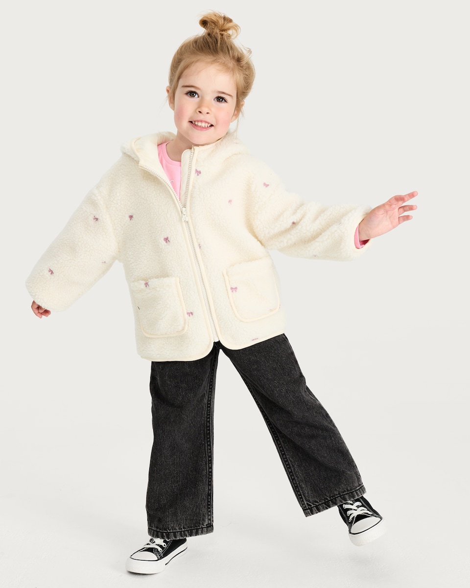 image 1 of F&F Girls Fleece Embroidered Bow Hooded Jacket in Cream