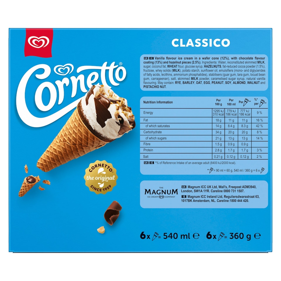 image 1 of Cornetto Classic Ice Cream Cones 6x90ml
