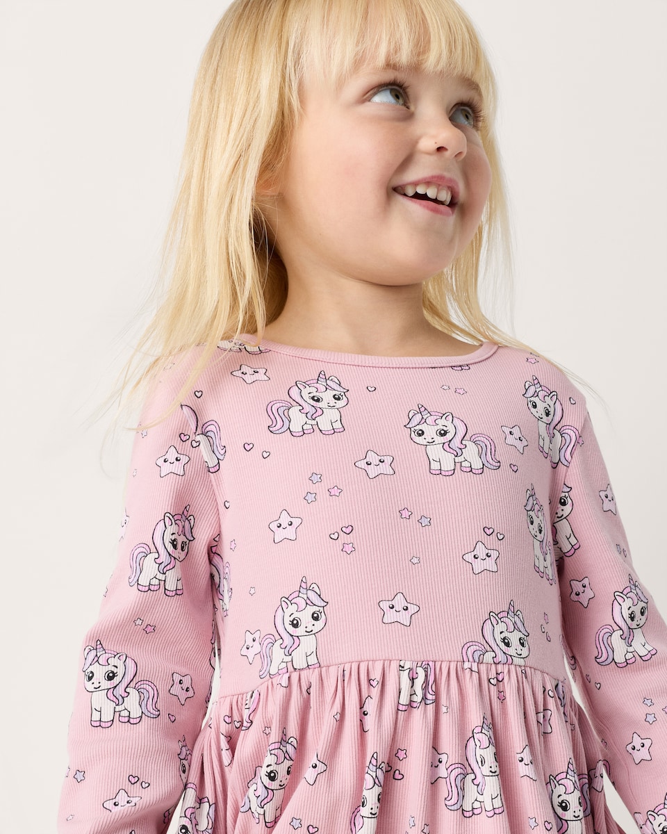 image 1 of F&F Girls Cotton Rich Unicorn Print Dress in Pink