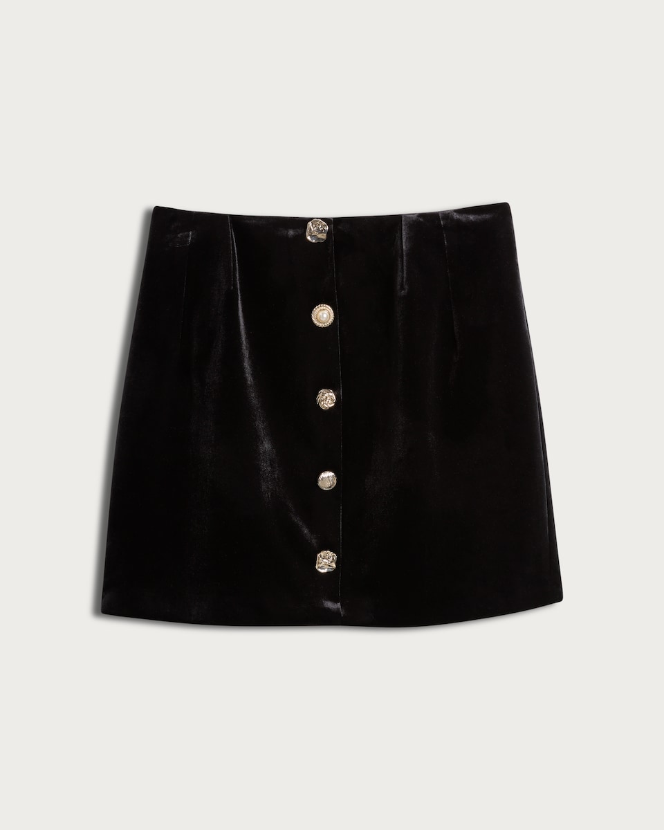 image 1 of F&F Velvet Button Front Mini Skirt in Black