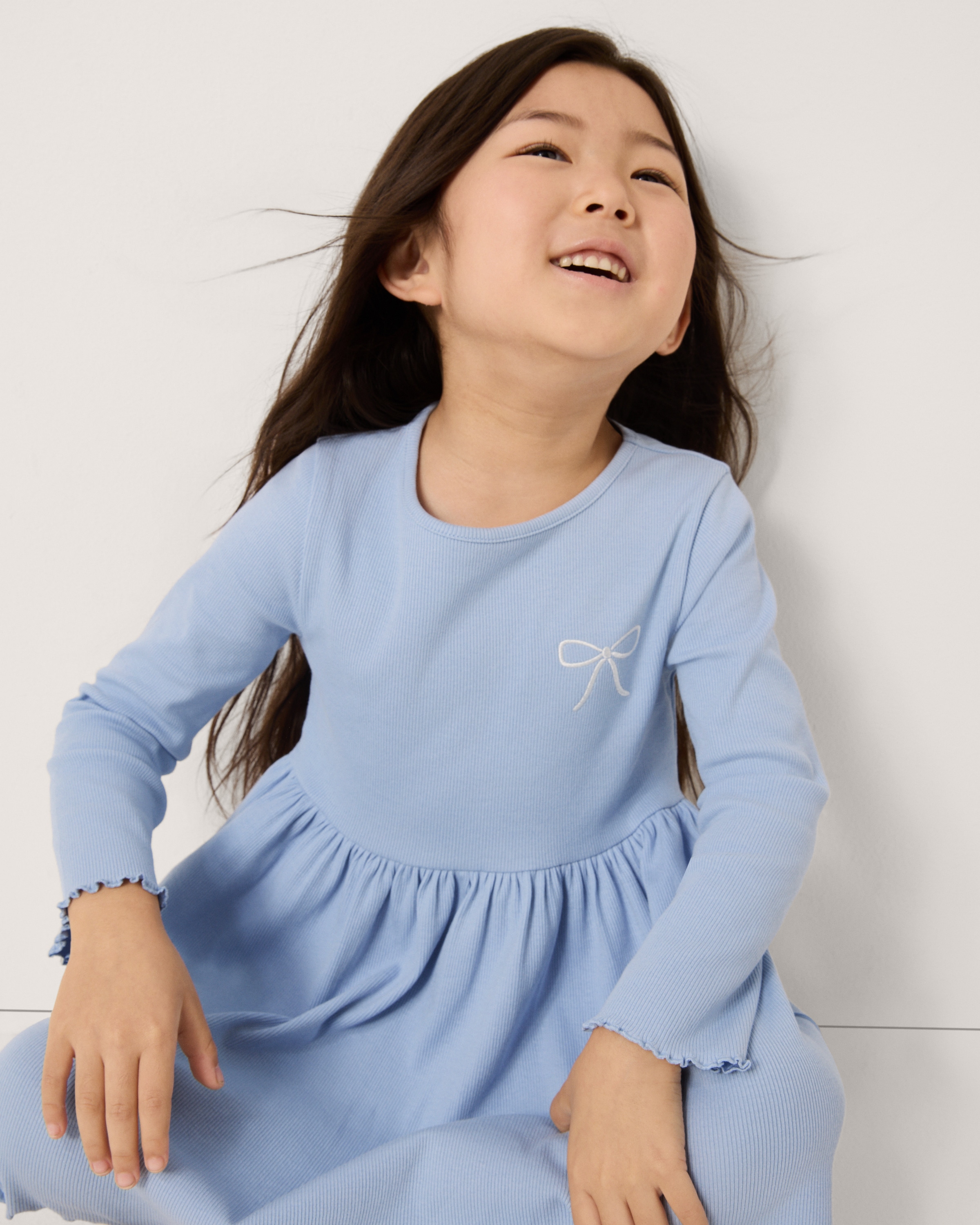 F&F Girls Cotton Rich Ribbed Embroidered Bow Dress in Blue