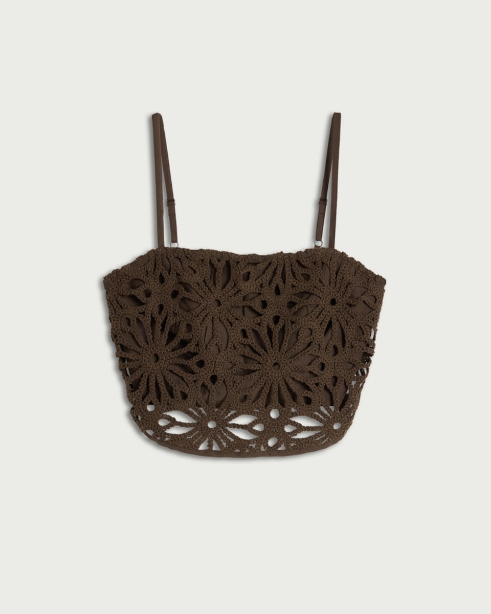 image 1 of F&F Crochet Look Co-ord Beach Crop Top in Brown