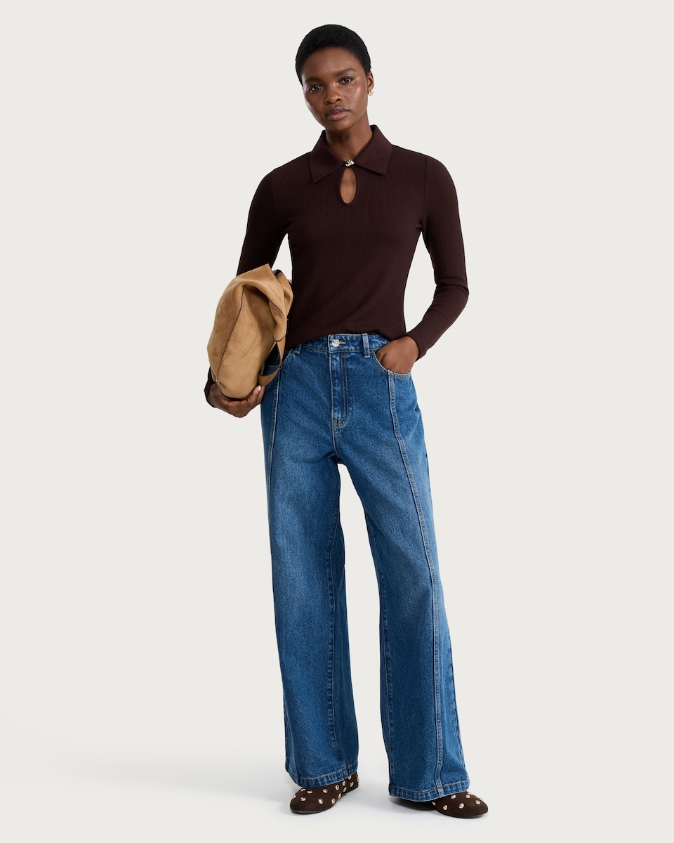 image 1 of F&F Ribbed Keyhole Long Sleeved Top in Chocolate