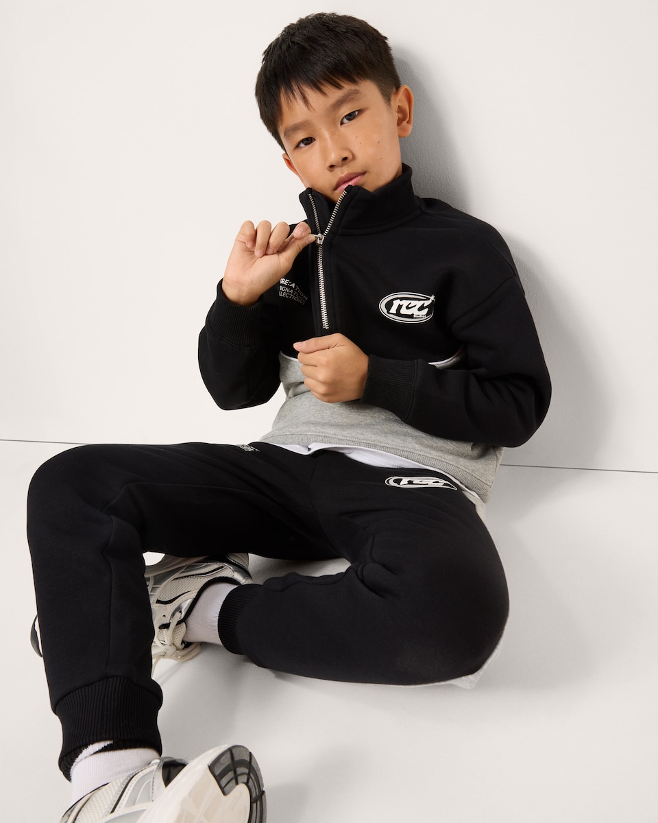 image 1 of F&F Boys Cotton Rich Colour Block Half Zip Sweatshirt and Joggers Set in Black
