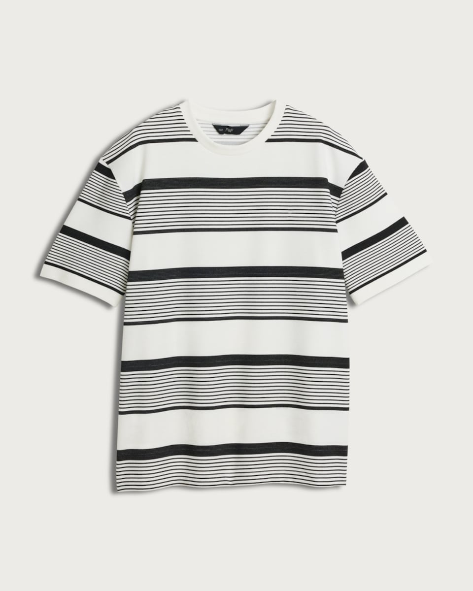 F&F Textured Stripe Print Short Sleeved T-Shirt in Cream